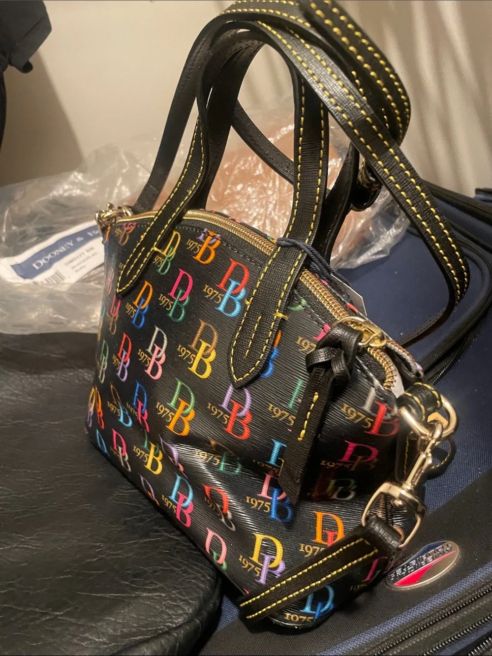 Dooney & Bourke Black Satchel with Multicolor DB Logo Print